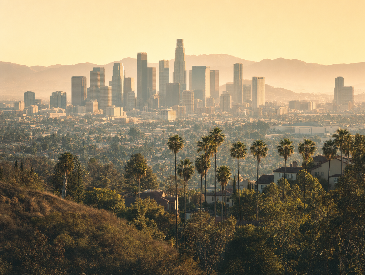 Los Angeles skyline at golden hour, viewed from the surrounding hills