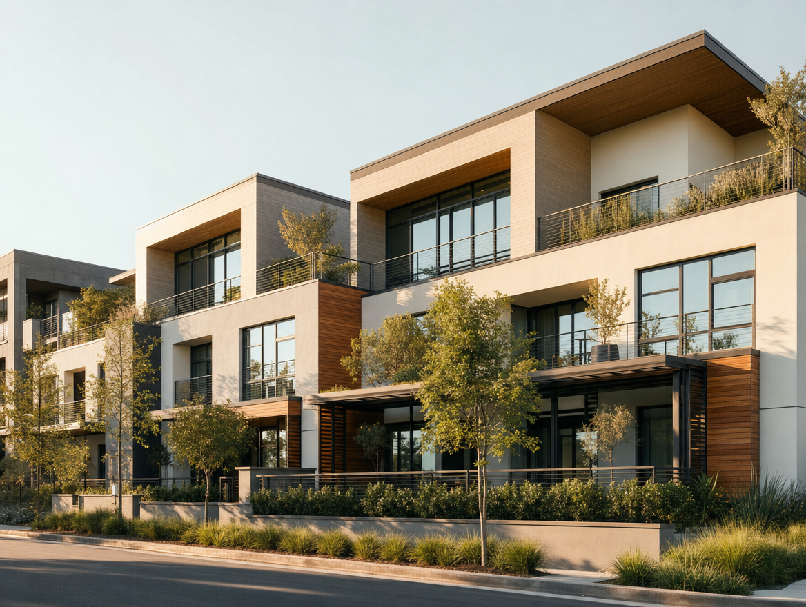 A modern Los Angeles mixed-use multifamily development with warm wood and stucco facades