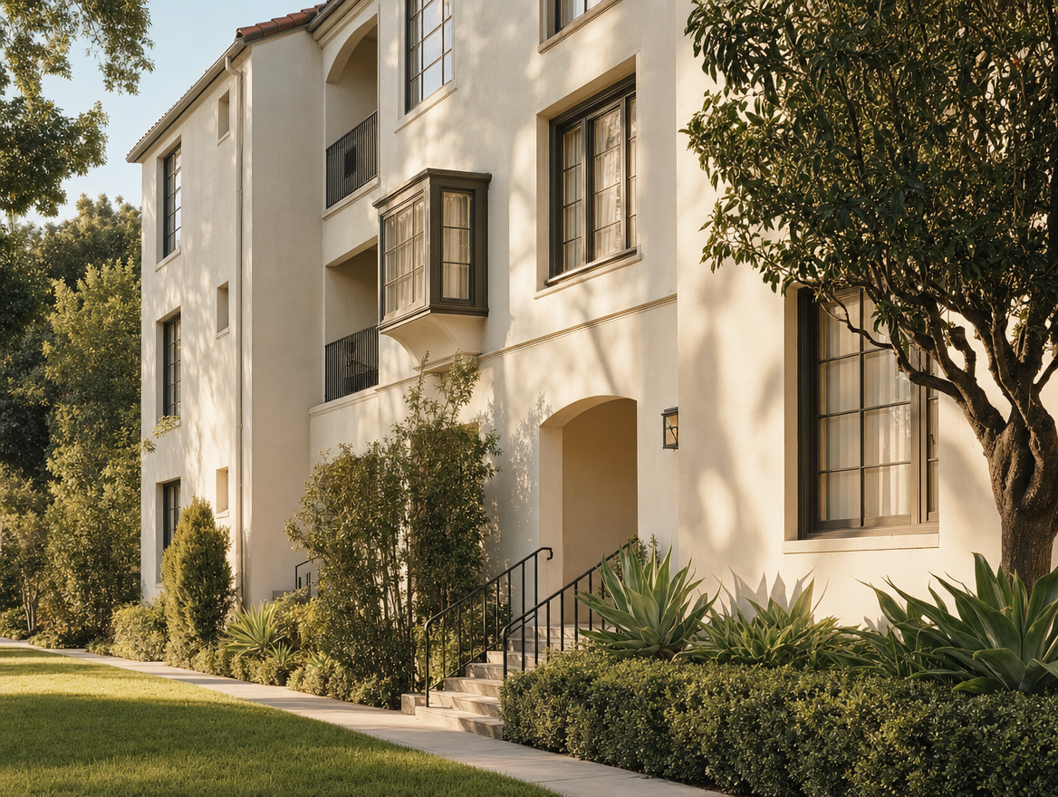 A well-kept Los Angeles apartment building with tidy landscaping in warm morning light