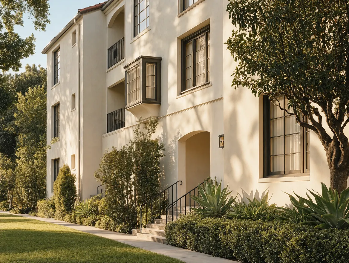 A well-kept Los Angeles apartment building with tidy landscaping in warm morning light