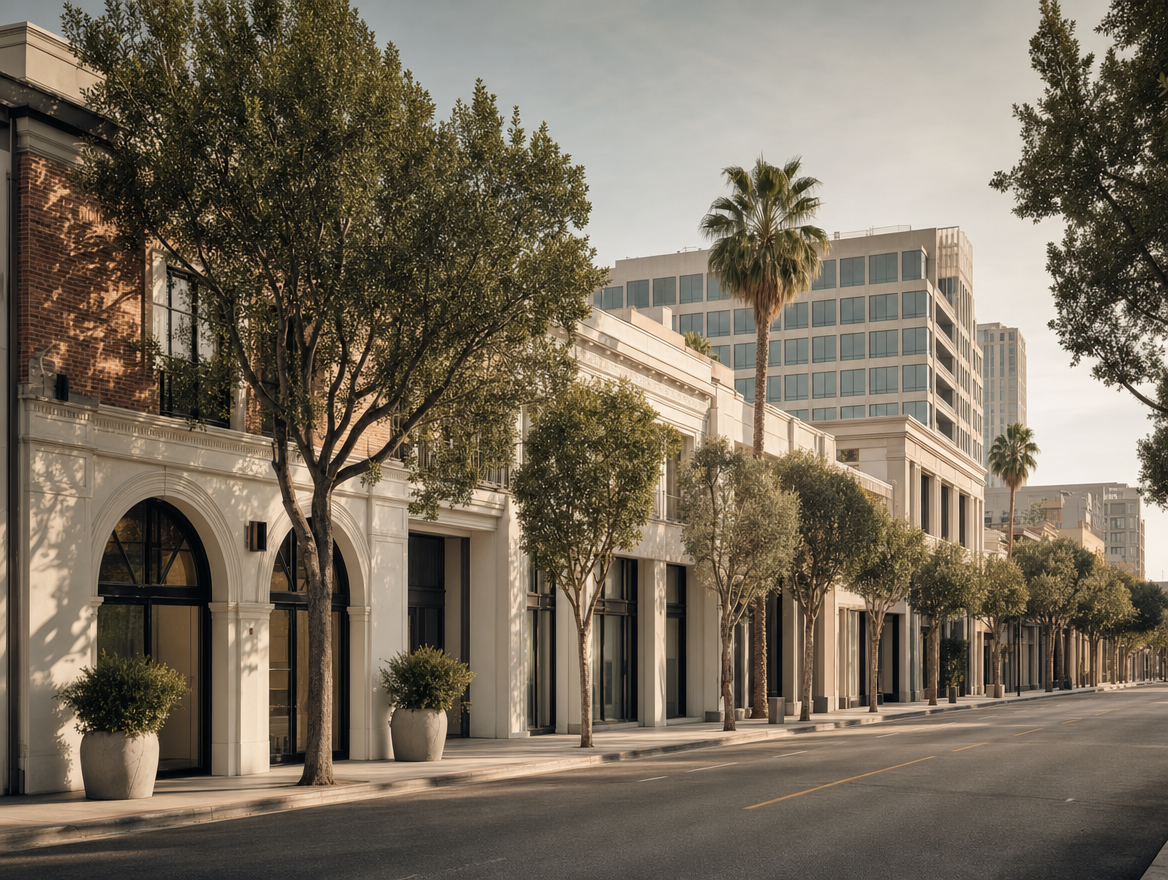 A tree-lined Los Angeles commercial boulevard of brick and stucco storefronts